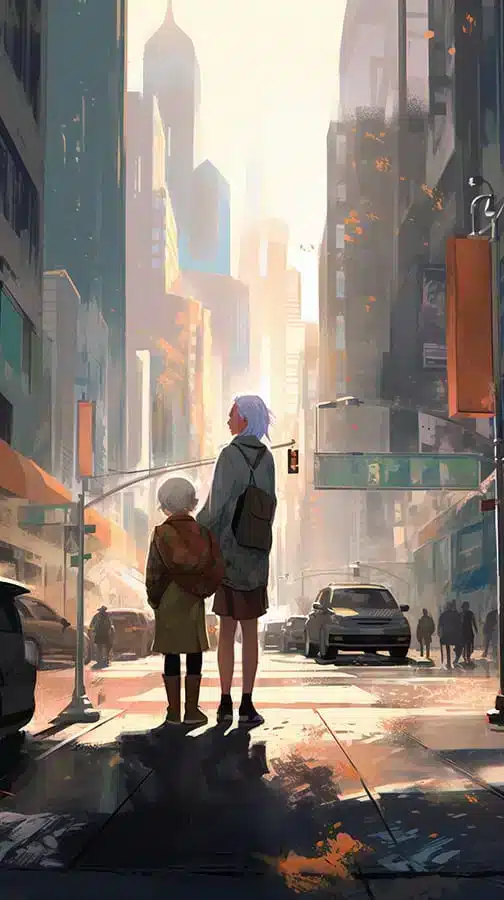 7 Compelling Reasons Why Good Manners Matter 5 illustration of manners- older kid helping younger one crossing the street oil painting