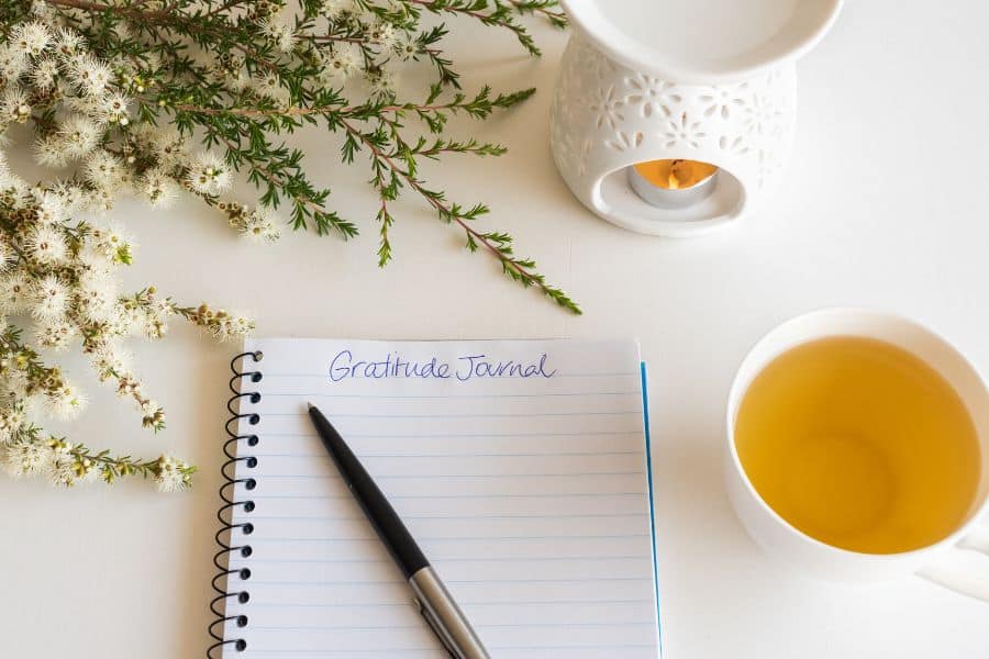 Harnessing the Power of Journaling for Personal Growth: A Comprehensive Guide 9 journal with the word "gratitude" written. and a cup of green tea. Flat lay image.
