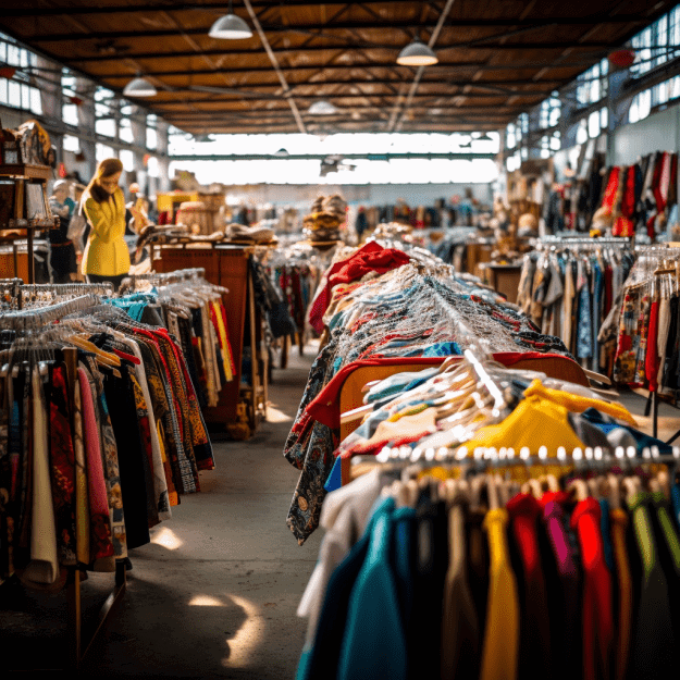 vibrant image of a bustling thrift store