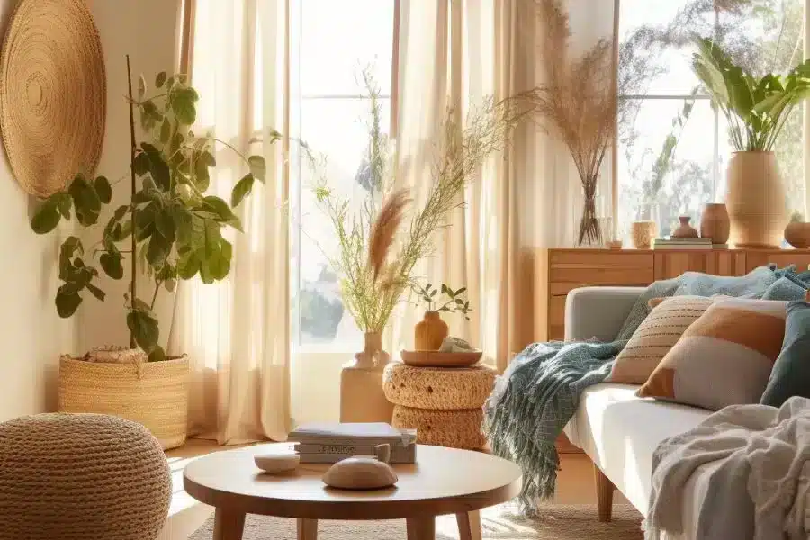 10 Reasons to Consider Sustainable Home Goods in 2023! 2 An image showcasing a beautifully decorated room featuring sustainable home goods such as bamboo furniture, organic cotton curtains, or recycled glass vases.