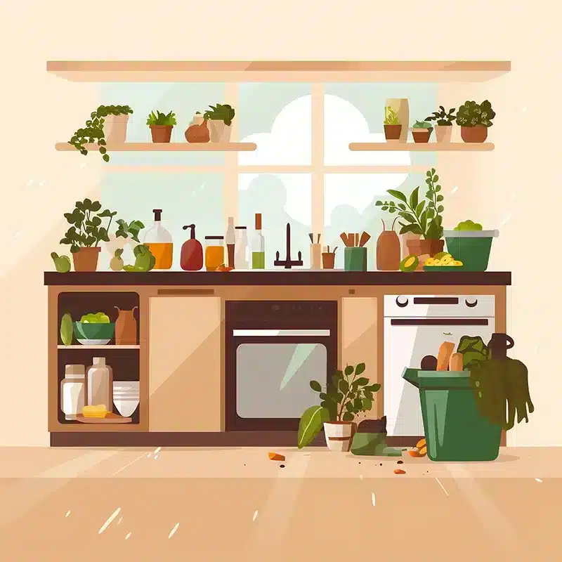 Sustainable Living: 7 Powerful Steps to Make a Positive Impact Today! 4 Eco-Friendly Kitchen- A kitchen with a compost bin on the countertop, filled with kitchen scraps