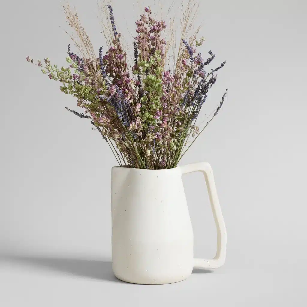 small handmade ceramic pitcher with lavender flowers. Bauhaus