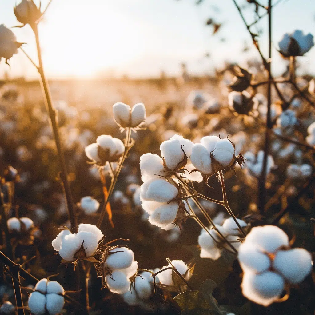 Organic Cotton Sheets: Why Make the Switch? 2 Sunset over a cotton field, with the golden light highlighting the fluffy white bolls of organic cotton plants. The warm sunlight creates a soft glow around the edges of the cotton, emphasizing the natural and gentle quality of the crop, symbolizing eco-friendly and sustainable farming practices.