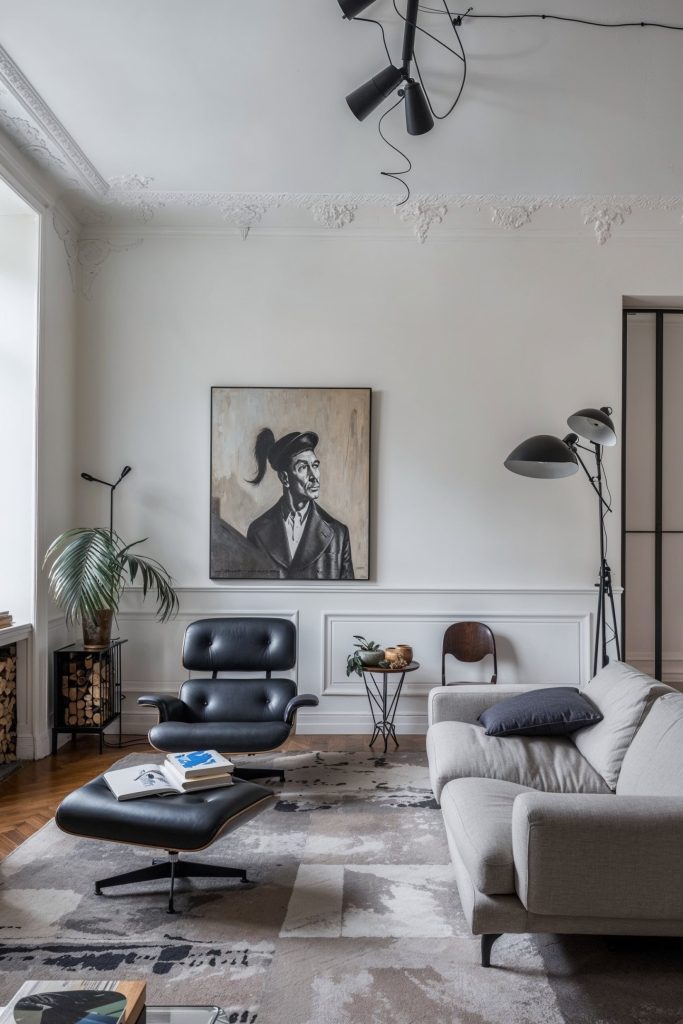 Bauhaus Movement | Art, Design, and Functionality 2 A modern living room featuring a black leather Eames lounge chair with ottoman, a cream sofa, and a large abstract portrait on the wall. The room has ornate crown moldings and a herringbone wood floor covered by a contemporary area rug.