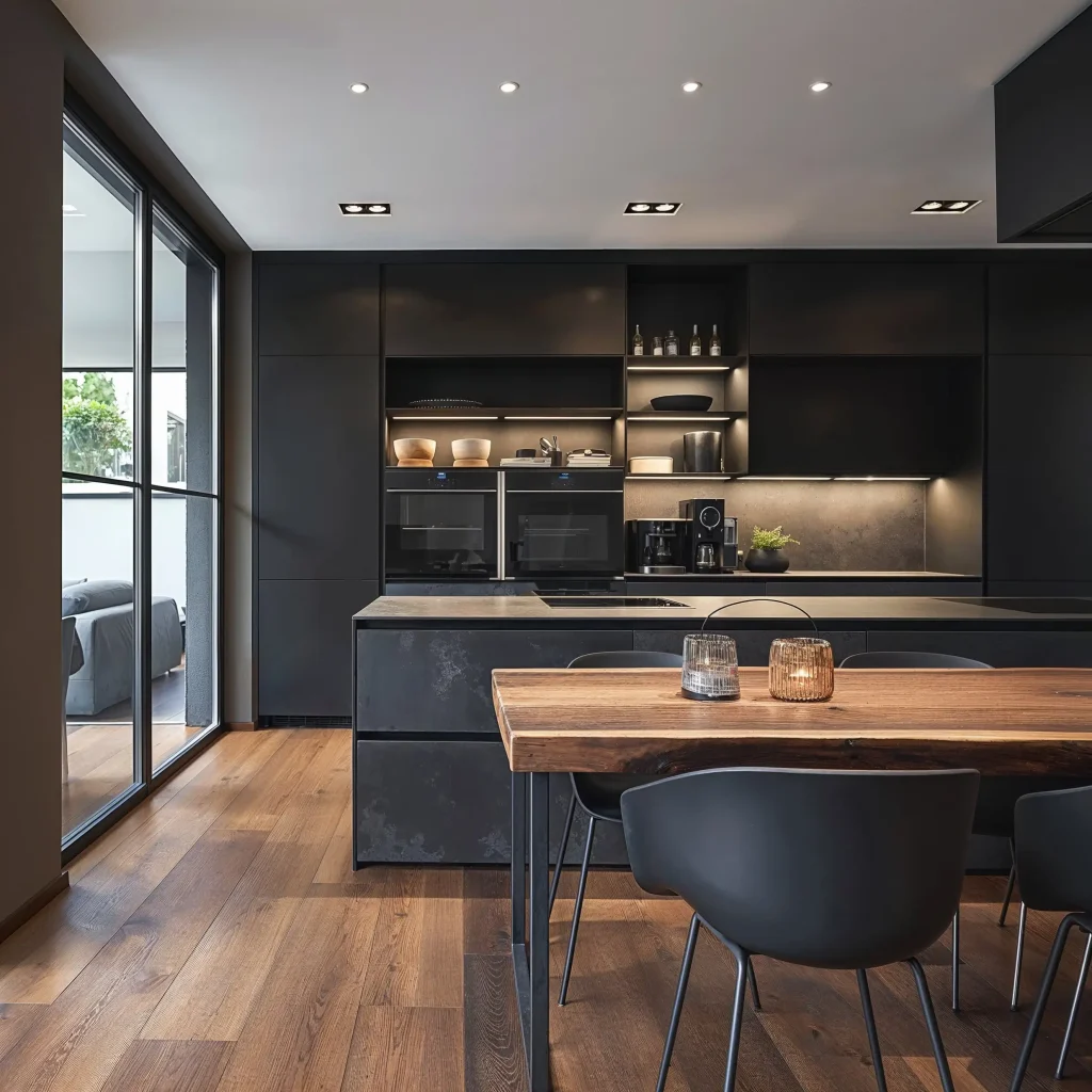 Bauhaus Architecture: An Essential Guide 6 A modern kitchen inspired by the Frankfurt Kitchen design, showcasing a streamlined layout with dark, flat-panel cabinets and built-in appliances. The kitchen includes a central island with a concrete-style finish and wooden dining table extension, complemented by black chairs. Large windows provide ample natural light, enhancing the warm wood flooring.