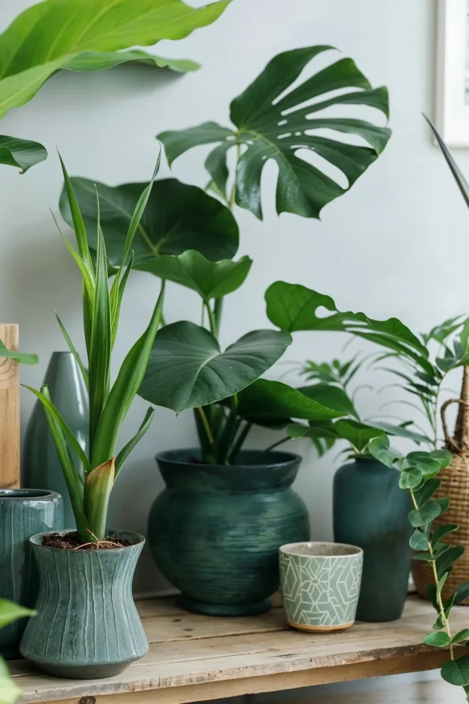 Sustainable Home Decor on a Budget: Affordable Tips and Tricks 3 An assortment of lush, green potted plants, including monstera deliciosa and philodendron varieties, showcased on a rustic wooden shelf. The plants are complemented by ceramic planters in natural, textured finishes, creating an earthy and sustainable decor vignette.