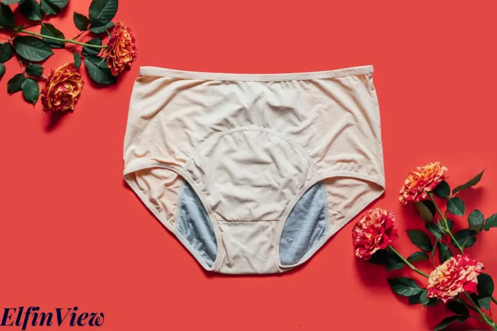 How to Choose the Right Period Underwear for You 4 A pair of beige period briefs with a built-in absorbent lining, displayed flat on a red background, flanked by two vibrant orange and red flowers on stems, symbolizing the combination of practicality and aesthetics in period underwear choices.