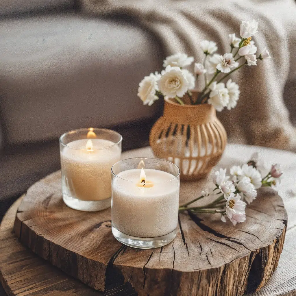 The Difference Between Sustainable, Organic, and Fairtrade Home Products 5 Two soy candles with a creamy white appearance, glowing softly inside clear glass containers on a wooden slab. The tranquil setting is complemented by a vase of fresh white flowers, underscoring the natural and clean burn of soy versus paraffin candles.