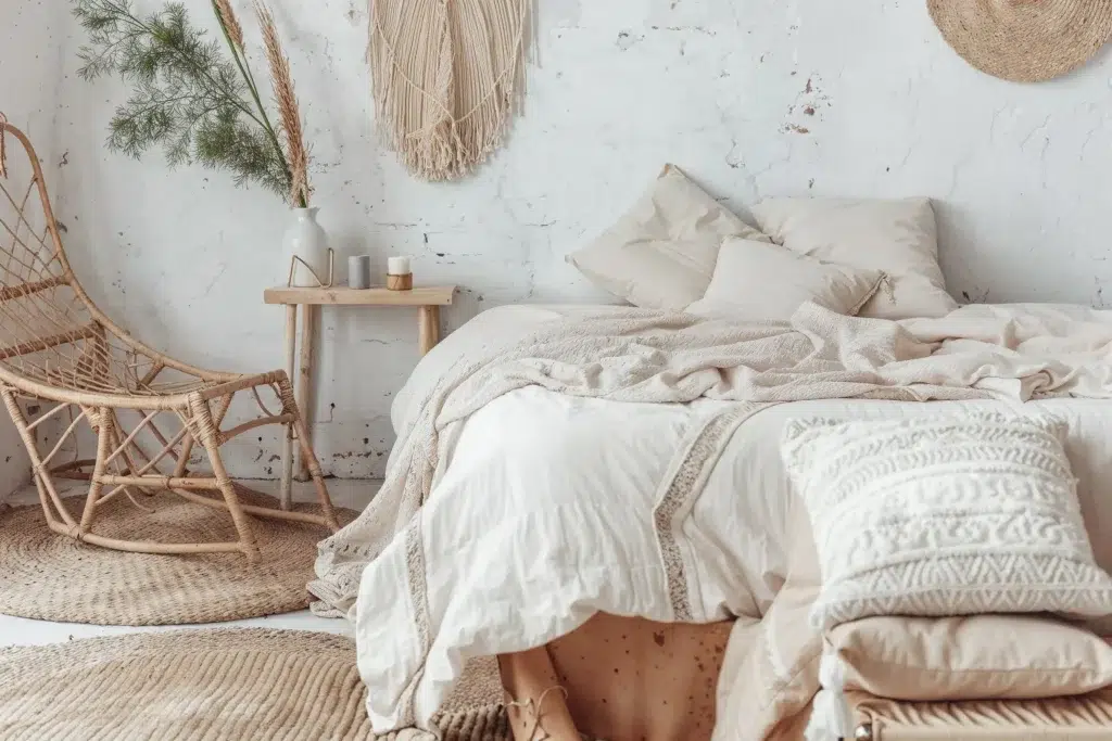 The Difference Between Sustainable, Organic, and Fairtrade Home Products 3 A stylish bedroom with sustainable and budget-friendly decor elements, including a woven wall hanging, rattan baskets, wood furniture, and cozy textiles. The space features a grey sofa with pops of warm tones, wooden shelving, and an abundance of greenery from potted plants. Organic Home Products