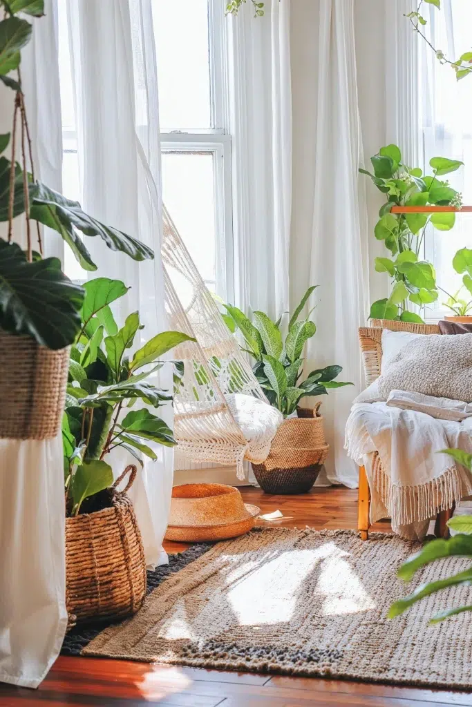Sustainable Home Decor on a Budget: Affordable Tips and Tricks 4 An inviting indoor living space with sheer white curtains and abundant houseplants in woven baskets, creating a natural, bohemian aesthetic. The room features a cozy seating area with textured pillows and a patterned rug on rustic hardwood floors.