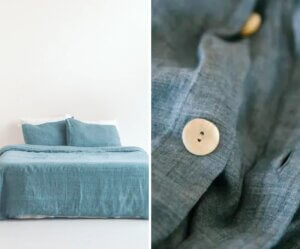 Denim Linen Duvet Cover Set | 100% Belgian Flax Linen 6 Split image of a bed with a blue 100% linen duvet cover set on the left, and a close-up of a button detail on the right.