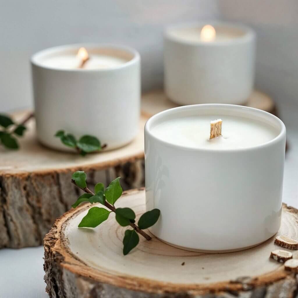 Wood Wick vs Cotton Wick: A Comprehensive Comparison 3 Wood wick candles in white ceramic containers displayed on wooden slices with green leaves. Wood wick vs cotton wick candles.